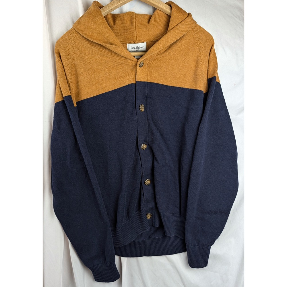 Mens Large Colorblock Cardigan Sweater Cotton Navy Mustard Shawl Neck